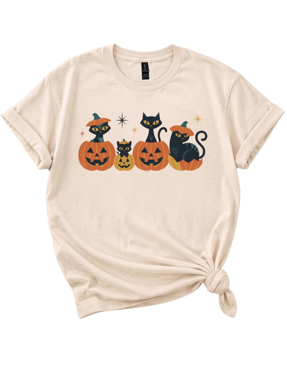 Gildan Cream Halloween Cats Pumpkin Graphic Tee